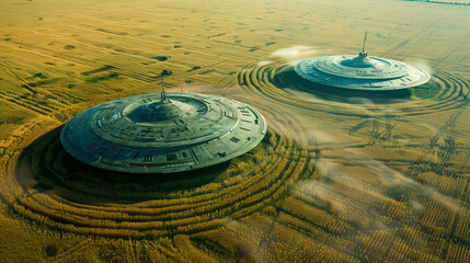 Two UFOs landing in a golden wheat field with crop circles