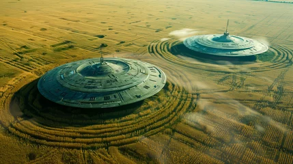 Foto op Plexiglas Two UFOs landing in a golden wheat field with crop circles © Domingo