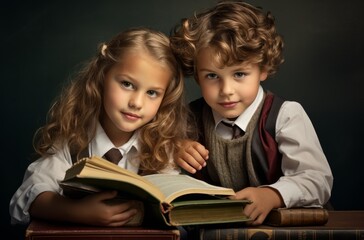 Portraying an intellectual charm, two kids with elegant vintage clothing share a large book, giving the impression of timeless learning