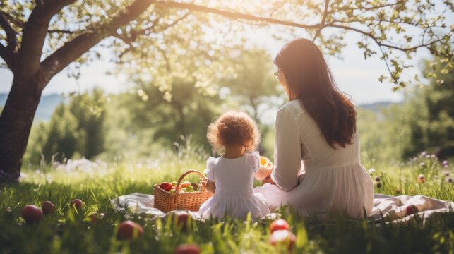 Mother and child enjoying picnic in park on sunny day background with copy space. Happy mothers Day