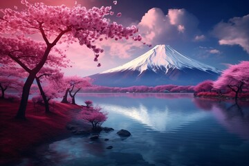 a mountain with pink flowers and trees