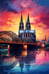 Illustration of the city of Cologne in Germany. For postcards, magnets, souvenirs. Generative AI tools