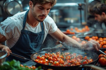 Professional chef in a commercial kitchen cooking with a high flame in a pan with smoky tomatoes