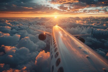 An awe-inspiring aerial view of an airplane wing above clouds at sunset