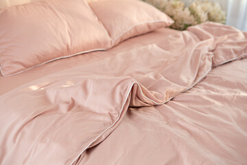 wrinkled light pink bed linen morning messy - 746071768