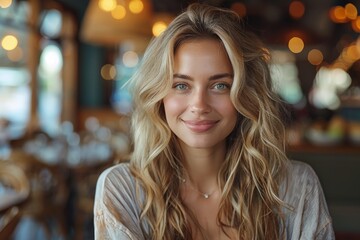 Obraz premium Beautiful smiling woman posing casually in a restaurant with warm, natural light