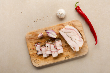 Overhead view of sliced pork salted delicatessen with spice food - 746072750