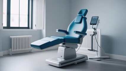 a doctor's office or an examination room with a hospital blue chair, a gynecological chair in a medical clinic or a treatment room,