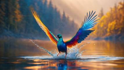 drop of water bounces above the water surface, transforming into a liquid shape of a colorful majestic bird opening its wings soaring gracefully above the water accompanied by a mesmerizing dance of s - obrazy, fototapety, plakaty