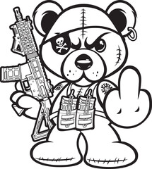 Cartoon style teddy bear with eye pad holding assault rifle and showing middle finger