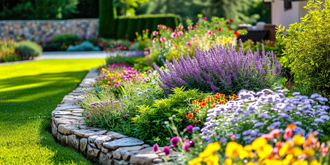 Landscape design with flower beds in home garden - Powered by Adobe