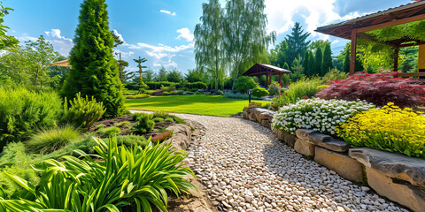 Landscape design with flower beds in home garden