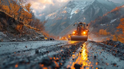 workers  make the road reconstruction and maintenance with modern equipment