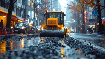 workers  make the road reconstruction and maintenance with modern equipment