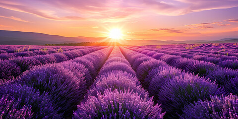 Lavender field sunset and lines. Beautiful