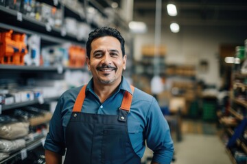 Portrait of a happy hispanic salesman in a hardware store