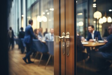 Businesspeople in meeting behind glass doors in office - obrazy, fototapety, plakaty