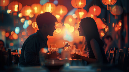 young couple in love drinking red wine at night with a romantic moment in the background.