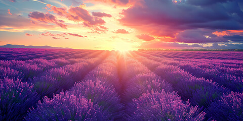Lavender field sunset and lines. Beautiful - obrazy, fototapety, plakaty
