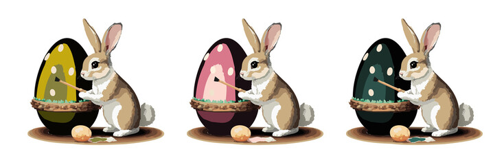 Peinture d'oeuf de pâques par des lapins trio de couleurs 