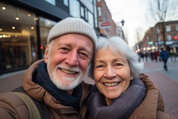 Smiling senior couple taking selfie in the city