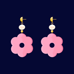 Pink trendy earrings with pearl and plastic flower. Cute trendy girly accessories. Y2k aesthetic. Cartoon, flat style vector illustration