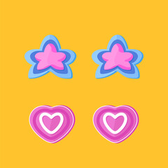 Plastic earrings with stars shape and heart shape on yellow background. Trendy female girly accessory flat vector illustration. Y2k aesthetic concept
