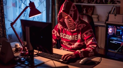 The scammer wears a hoodie in front of a computer generative ai  art