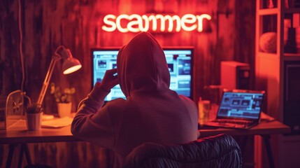 The scammer wears a hoodie in front of a computer generative ai  art