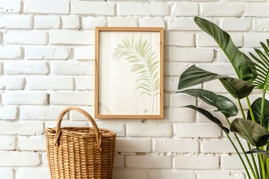 3d wooden frame hanging on the wall, in the style of photorealistic still life, photo-realistic still life, poster, Picture Frame on minimal wall texture background. Mock up frame in home.