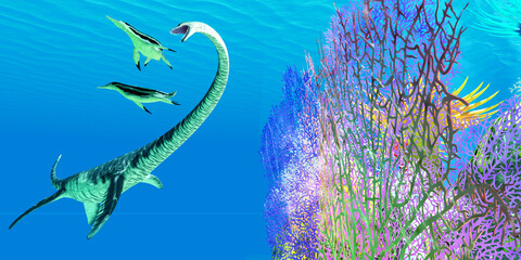 Elasmosaurus hunts Dolichorhynchops - An Elasmosaurus bends his neck trying to capture a Dolichorhynchops during the Cretaceous Period of North America.