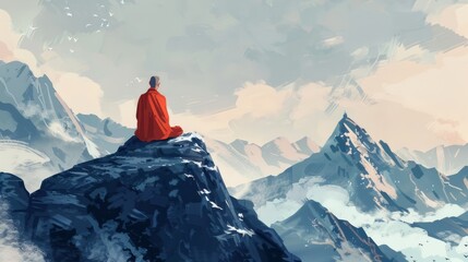 Monk seated on a mountain peak, overlooking a vast landscape enveloped in clouds, symbolizing contemplation and solitude. Concepts of solitude, personal growth, and inspirational themes.