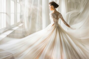 A bride in a dynamic pose with her wedding dress train flowing around her, creating a dramatic and ethereal statement, perfect for luxury bridal fashion features..