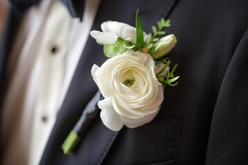 The detailed close-up of the boutonniere against a textured groom´s suit shows the delicate sophistication suitable for a classic wedding ceremony.. - obrazy, fototapety, plakaty