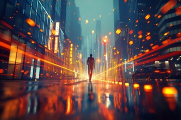 Digital Odyssey: Solitary Figure Walking Through Data Stream City