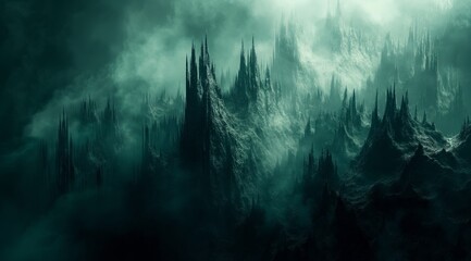 Mystic Pinnacles: Ethereal Forest Shrouded in Mist - obrazy, fototapety, plakaty