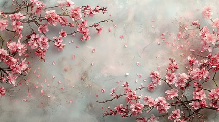 A painting featuring vibrant pink flowers set against a neutral gray background