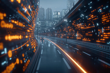 Cybernetic Velocity: Digital Data Streams Along Urban Expressway - obrazy, fototapety, plakaty