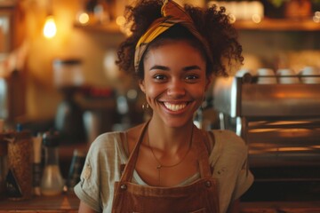 A woman wearing an apron smiles at the camera, exuding warmth and friendliness