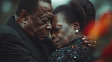 An elderly African American couple shares a moment of support and grief, with their foreheads touching in an intimate and emotional embrace