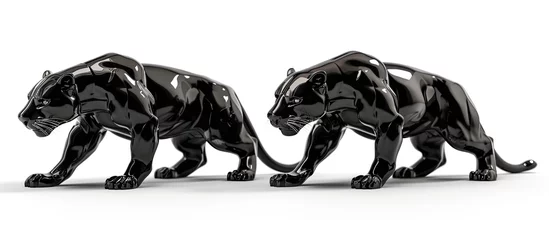 Tuinposter Two sleek and stylish black panther figurines displayed on a white background, showcasing the iconic features of this stealthy feline species. © 2rogan