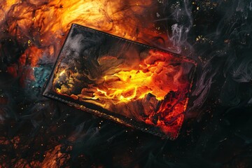 In the gloom, a wallet ignites, colorful digital flames reflecting a troubled journey