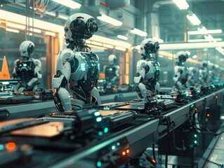 Fototapeta premium Futuristic robotics assembly line, powered by renewable energy, with brain-computer interfaces, digital twins modeling, and machine learning
