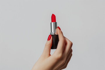 Female Hand holding Red Lipstick with Matching Red Nailpolish - Minimalist and Elegant Beauty Cosmetic Product Presentation on White Background