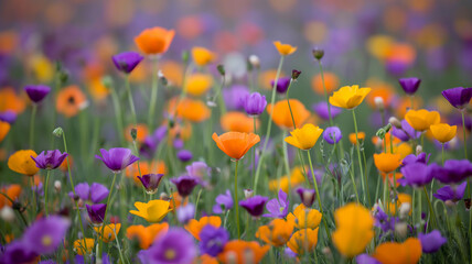 Persian Buttercup Flower Field Closeup In California Usa Purple And Orange. Spring concept background. Flowers background. Landscapes background