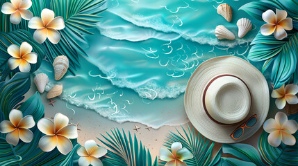 modern and stylish banner for filling with text on a marine theme, palm leaves and tropical plants,...