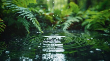 A single water drop descends into a reflecting pool of water, creating ripples amidst lush green plants in the background