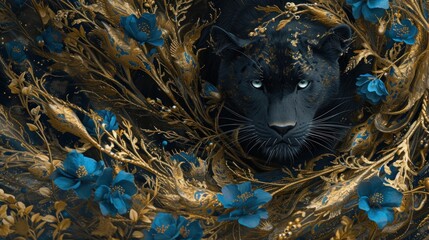 a close up of a black cat with blue flowers on it's head and a gold frame around it's neck. - obrazy, fototapety, plakaty