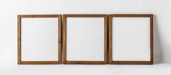 Three wooden frames are hanging on a white wall. Each frame has an empty canvas cutout, ready to display artwork or photos. The frames are evenly spaced and add a decorative touch to the room.