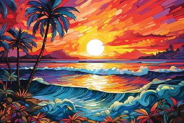 a colorful sunset over a beach - obrazy, fototapety, plakaty